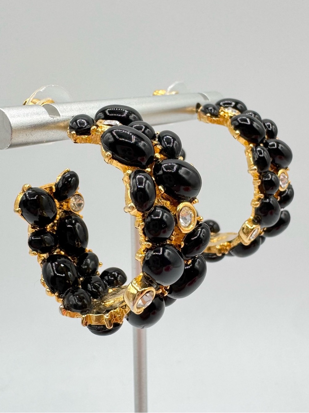 Vintage Kenneth Jay Lane Hoop Earrings Inside Out Black Cabochon Wide Signed